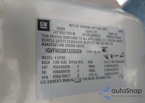2007 GMC Yukon Denali z USA, uszkodzony, nr VIN 1GKFK63887J239264